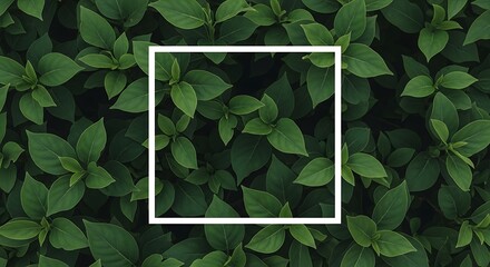 Minimalist white rectangle frame overlaying lush green leafy background texture