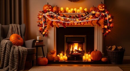 Cozy Halloween living room scene with a decorated fireplace mantel and warm lighting.
