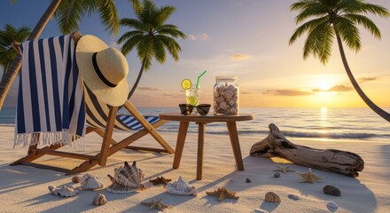 A relaxing beach scene at sunset, featuring a beach chair, straw hat, striped towel, drinks, seashells, and driftwood on the sand.
