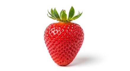 A vibrant, whole strawberry, its rich red hue contrasting sharply against a plain white background.
