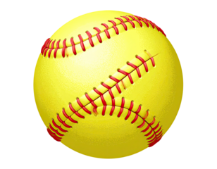 Yellow softball, red stitching, round,  sport