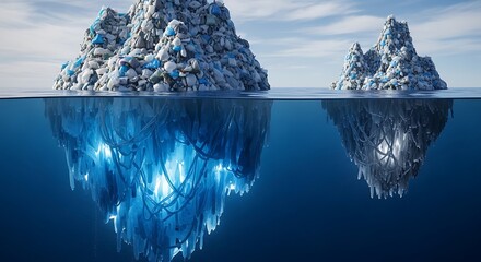 Majestic snow covered icebergs floating in deep blue ocean water