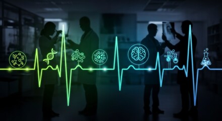 Vital Signs of Medical Innovation: Glowing EKG with Science Icons over Doctor Silhouettes