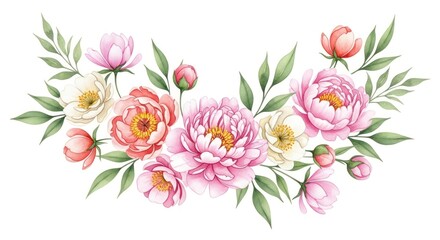 A delicate arrangement of pastel peonies and blossoms, displaying soft hues and intricate details, creates a lovely floral design.