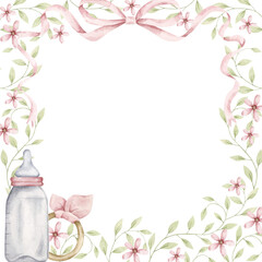 It's a girl. Watercolor hand-drawn square frame with pink wavy ribbon and bow, tenderness leaves and pink flowers, bottle and rattle. Template card for design baby shower, gender reveal party