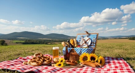 A picturesque picnic spread on a grassy hilltop, featuring pretzels, sausages, and beer, beneath a vibrant blue sky dotted with fluffy clouds.