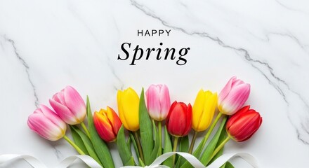 Happy Spring Greeting with a Colorful Tulip Bouquet on a White Marble Surface