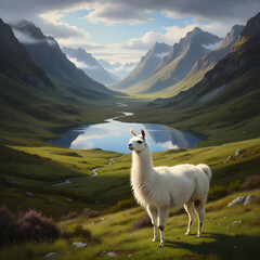 Majestic llama grazes in a serene mountain valley with a crystal clear lake reflecting the sky
