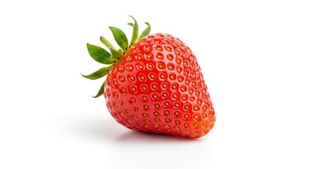 Close-up view of a single, vibrant red strawberry against a pure white background, showcasing its glossy texture and fresh green leaves.