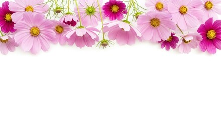 Delicate cosmos blossoms in shades of pink and purple form a charming border against a crisp white background.