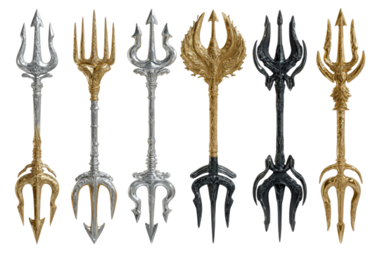 Collection of Decorative Tridents in Various Colors, Including Silver, Gold, and Black, Ideal for Fantasy Art and Design Projects