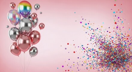 A cluster of metallic balloons in rose gold and silver, against a backdrop of vibrant confetti explosion, creates a celebratory and joyful scene.