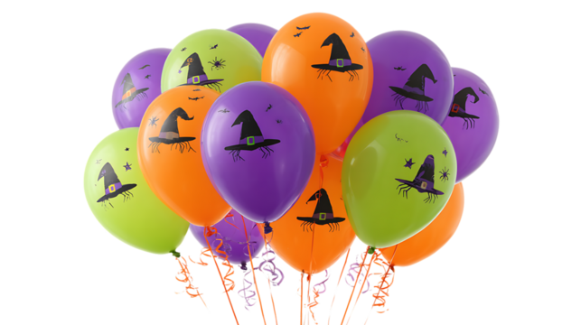 Halloween balloons with witch hat designs isolated on transparent background