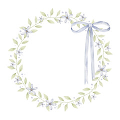 Obraz premium It's a boy. Watercolor hand-drawn circle wreath with bow and tenderness leaves and blue flowers. Template card for design baby shower, gender reveal party and nursery.
