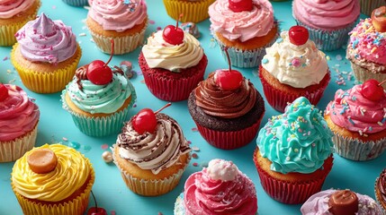 Assorted Delicious Cupcakes with Colorful Frosting and Toppings on a Vibrant Blue Background for Celebrations