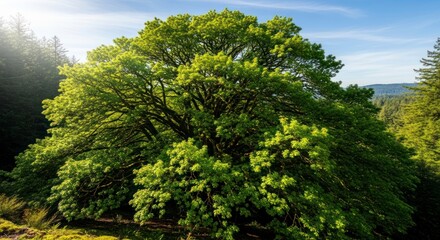 Majestic Sprawling Tree with Luminous Green Leaves Bathed in Morning Sun Flare