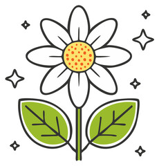 Stylized daisy with vibrant green leaves and sparkling stars