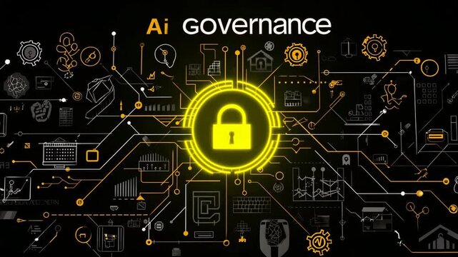 A computer screen displays a lock symbol and the words AI Governance. Infographic conceptual AI governance process diagram with padlock, chain, shield icons, ethics minimal