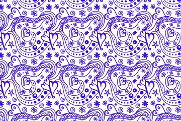 Seamless doodle pattern with hearts, flowers, and swirls