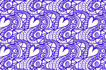 Seamless abstract doodle pattern with hearts and swirls