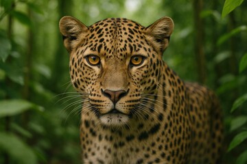 Obraz premium Portrait of a Majestic Leopard in Lush Jungle Foliage Captivating Gaze and Powerful Presence