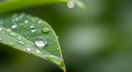 Close-up view of a vibrant green leaf covered in glistening water droplets, showcasing the intricate details of nature's beauty.