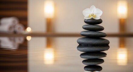 A serene spa setting, featuring a stack of dark stones, topped with a white orchid, reflected on a tranquil water surface.
