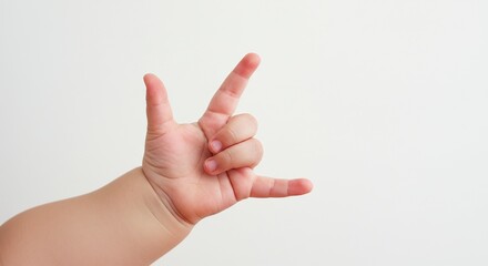 Cute Baby Hand Making the "I Love You" Sign on a White Background.

