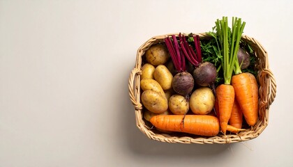 Top-down view of a rustic wicker basket brimming with freshly harvested organic root vegetables, including vibrant carrots, earthy beets, and new potatoes on a neutral background with ample copy space