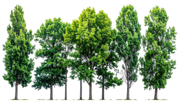 Row of lush green trees, various shades