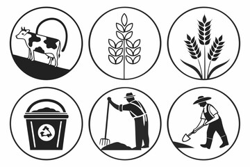 Agricultural Icons Set Farming Livestock and Harvest.