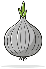 Stylized cartoon illustration of a whole gray onion with green sprouts on a white background