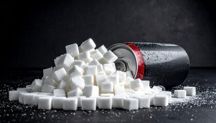 Dramatic studio photograph highlighting the unhealthy amount of sugar in a fizzy beverage, with an aluminum can spilling a mound of sugar