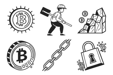 Bitcoin Mining Blockchain Security and Cryptocurrency Icons.