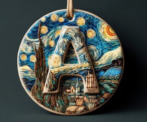 Decorative Ornament Featuring the Letter A with Artistic Night Sky Design and Intricate Village Details