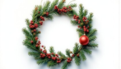 A Christmas wreath made of fir branches, decorated with red berries and a single red ball, is peacefully placed on a white background, creating an atmosphere of celebration and comfort.
