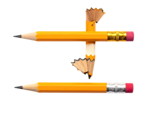 Two sharpened pencils, one angled, with shavings