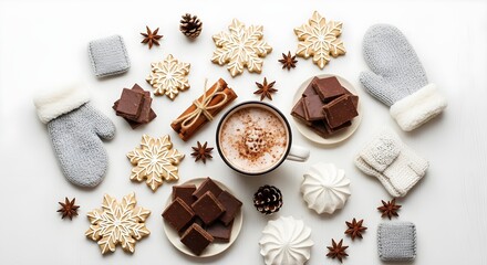 Image of super premium photo of cozy winter scene with a steaming cup of hot chocolate, surrounded by snowflake cookies, chocolate squares, cinnamon sticks, and warm knitted mittens on a white surface