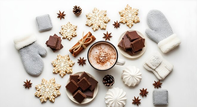Image of super premium photo of cozy winter scene with a steaming cup of hot chocolate, surrounded by snowflake cookies, chocolate squares, cinnamon sticks, and warm knitted mittens on a white surface