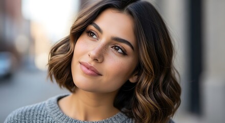 A young woman with expressive eyes and a thoughtful expression gazes upward, showcasing a casual yet stylish short haircut.