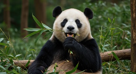 Adorable giant panda munching bamboo leaves in lush green forest, a captivating wildlife moment perfect for nature lovers and conservation efforts promotion