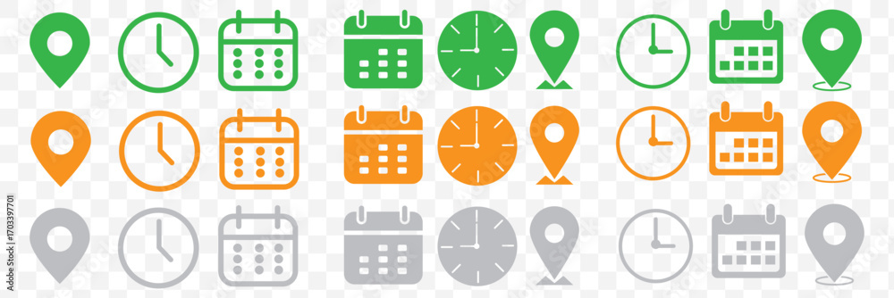 Wall mural address time date icons set. address location icon. clock icon. calendar icon. time, date and addres