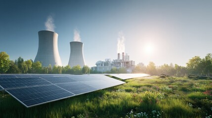 Sustainable Energy Landscape: Solar Panels and Power Plant Coexisting in Harmony for a Greener Future