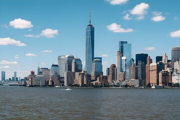 Scenic view of the new york city skyline featuring the one world trade center against a blue sky with fluffy clouds, showcasing urban architecture