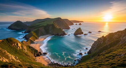 Dramatic sunset over a secluded coastal bay with rugged green cliffs.