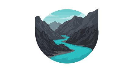 Winding River Through Rocky Mountains in a Circular Frame.