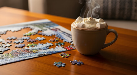 Cozy Hot Chocolate with Puzzle on Wooden Table