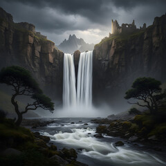 Fototapeta premium Majestic Waterfall Cascading Through Ancient Ruined Landscape Under Dramatic Skies