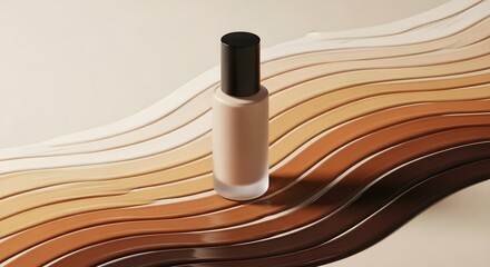 Image of super premium photo of a bottle of liquid foundation in a light beige shade is placed on a wavy surface displaying a gradient of skin tones from light to dark
