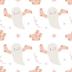 Halloween pattern with cute little ghosts, socks, confetti and stars. Seamless autumn pattern with hand drawn funny ghosts on white background. Childish pastel background for Halloween. Vector